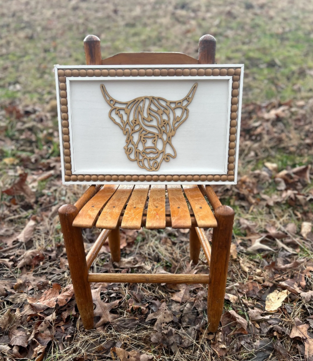 Highland Cow Gifts,Highland Cow Wall Art, Beaded Frame Farmhouse Decor, Rustic Animal Print, Unique Wall Hanging, Handmade, Country Charm